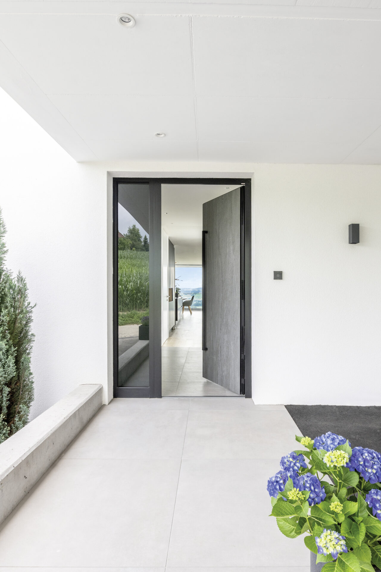porte d'entrée ouverte avec un vitrage discret 